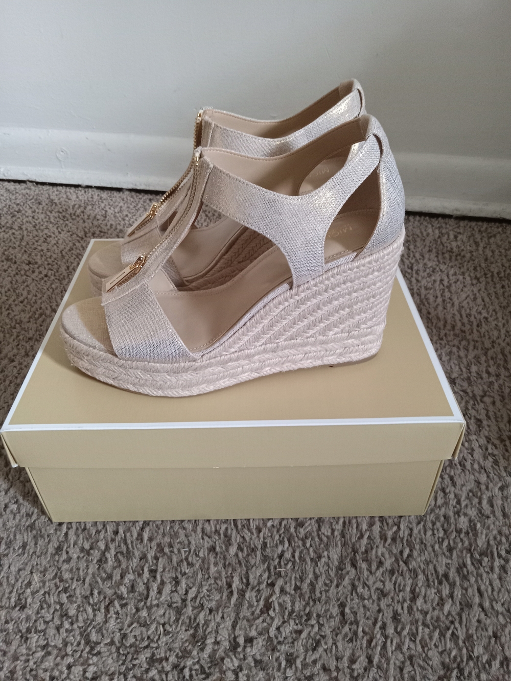Michael Kors Beige Espadrille Wedge Sandals with Gold Zipper